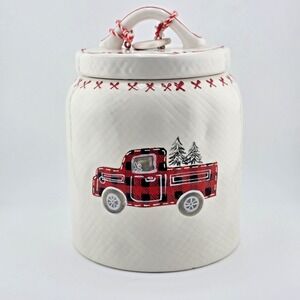 10 Strawberry Street Cookie Jar Canister With Checkered Red Truck Seal Lid